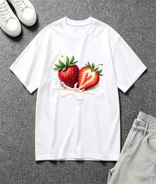 Vibrant Realistic Strawberry Milk Splash Fruit Graphic Oversized Crew Neck Short Sleeve Women's T-Shirt Summer Fresh Casual Street Outfit Perfect Gift For Sweet Fruit Aesthetic Teen Girls - Blanco - Ver 2