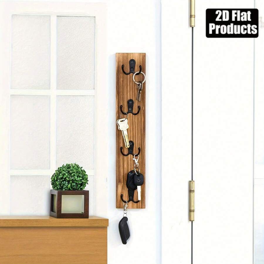 1pc Handmade Rustic Style Wall-Mounted Wooden Key Rack With Multiple Hooks - Polished Surface Space-Saving Organizer, 2D Flat Wooden, Suitable For Entryway, Laundry Room, Garage - Can Hold Keys, Wallets, Pet Leashes, Entrance Storage - View 1