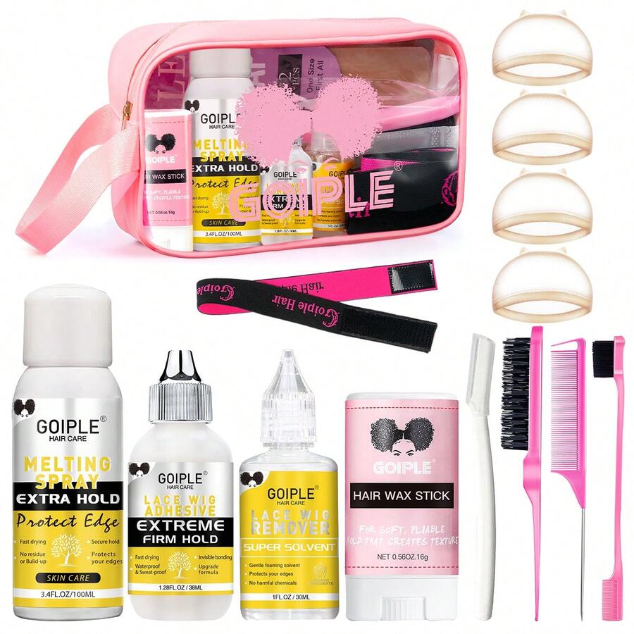 Goiple 14pcs Waterproof Lace Wig Glue Kit, Extreme Hold Adhesive, Gentle Fast-Acting Remover,Fast Drying Lace Melting Spray,No Flake Hair Wax Stick,HD Wig Caps Edge Brushes Razor Storage Bag,Beginner-Friendly Portable,Travel,Women Wig Wearers All Hair Types - 14pcs黃色 - 查看 1