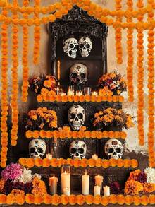 2pcs Artificial Marigold Flower Garland, Faux Floral Hanging Vine, Suitable For Festivals, Door Decor Toran And Party Decoration, Diwali Marigold Flower Garland, Vibrant Hanging String, Suitable For Puja Room Decoration, Bedroom Decoration, Temple And Festival Decoration - Orange - View 7
