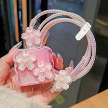 5件組 粉色櫻花花蕊設計充電器保護套與螺旋數據線保護套組 - 彩色 - 查看 5