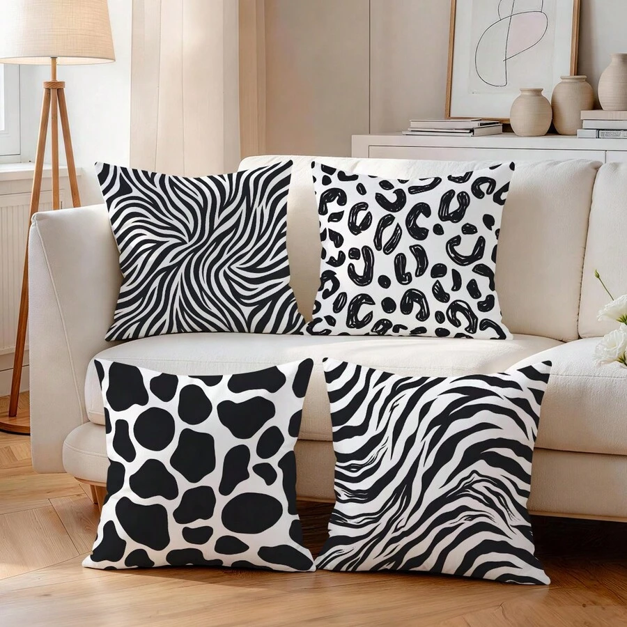 4pcs/1pc Black & White Animal Texture Pattern Pillow Covers, Single-Sided Printed Pillow Covers, Suitable For Living Room, Bedroom, Home Decor, All-Season Pillow Covers - Multicolor - View 1
