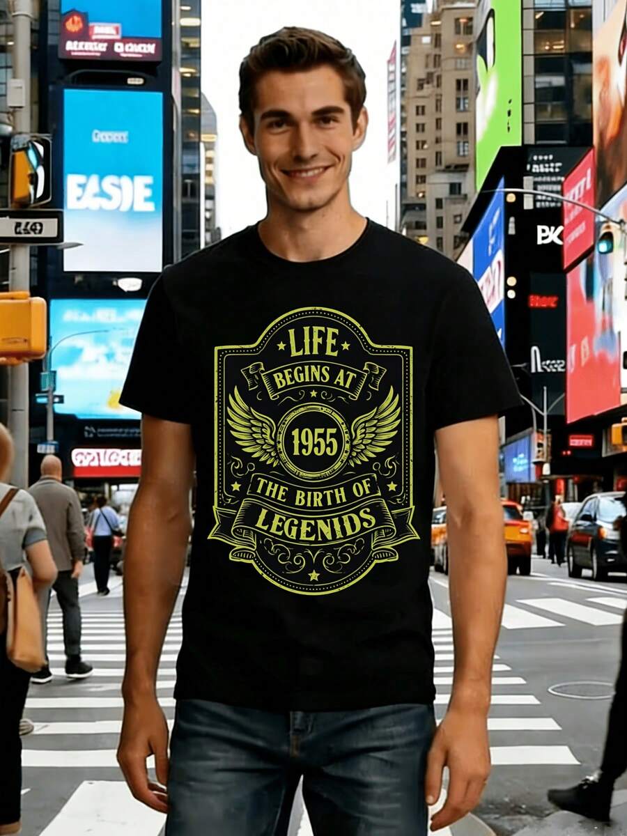Camiseta de Hombre, La Vida Comenzó en 1955, El Nacimiento de las Leyendas, Camiseta Gráfica Casual de Manga Corta con Cuello Redondo, Unisex, Ideal para Regalos - Negro - Ver 1