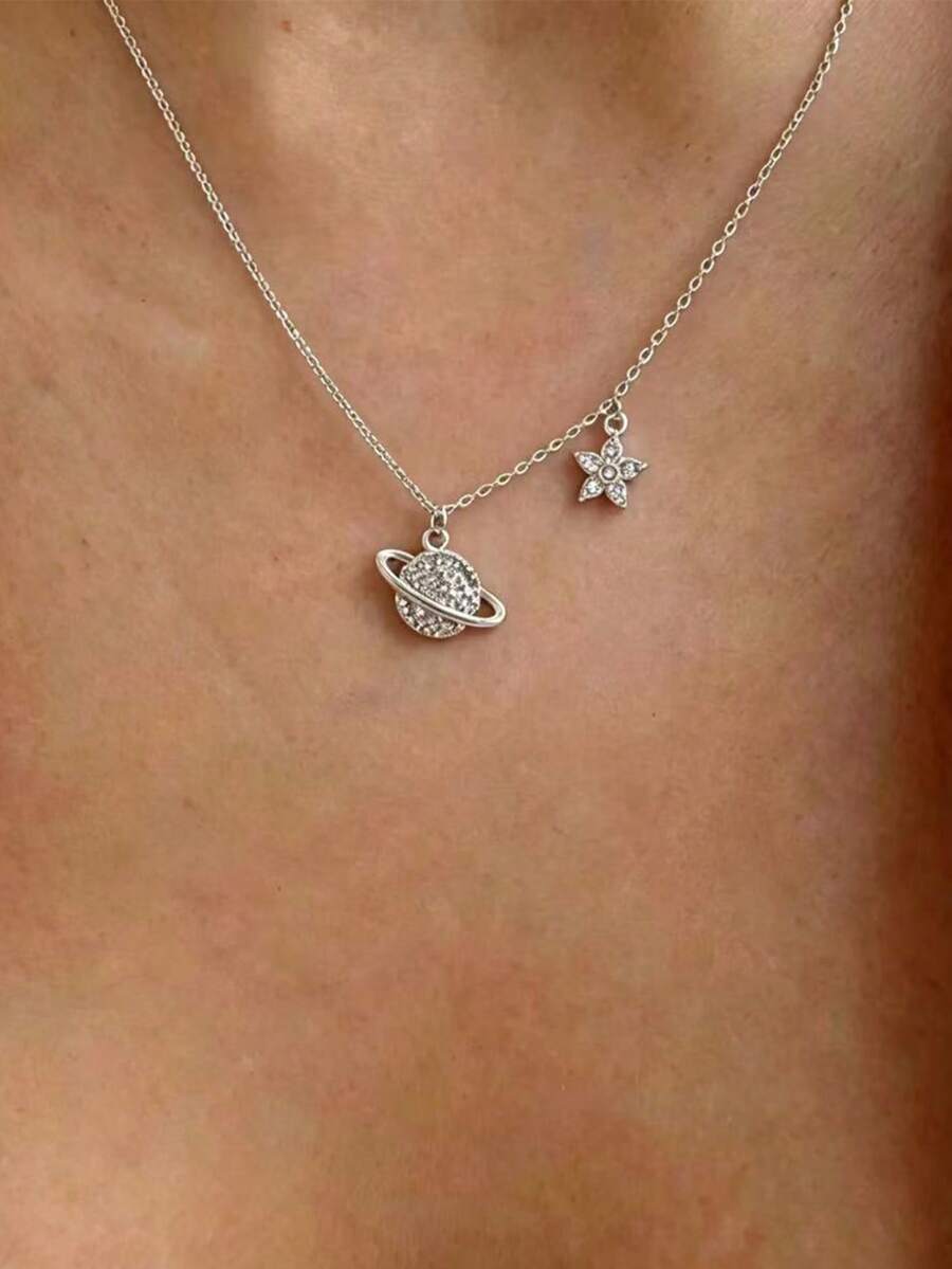 Rhinestone Planet Charm Necklace - Silver - View 1