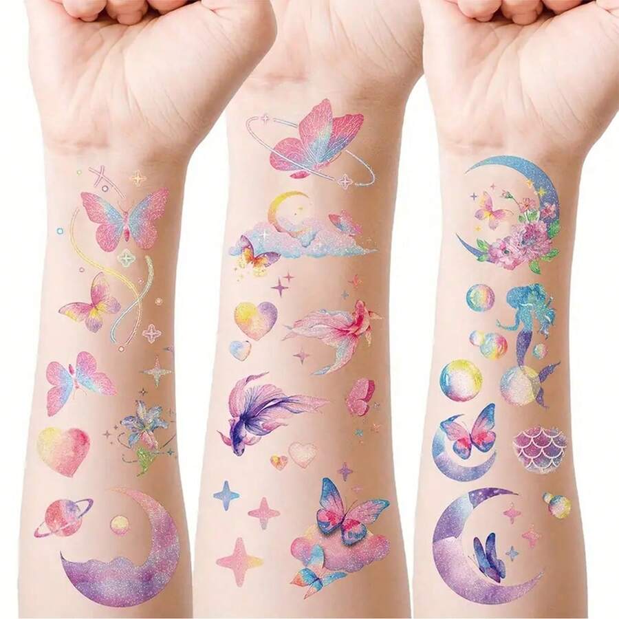 12入亮片紋身貼紙 蝴蝶美人魚花朵星星月亮獨角獸圖案 派對節日用 肩頸鎖骨手腕身體皮膚臨時紋身貼 - 彩色 - 查看 1