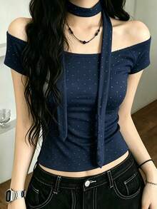 Vintage Sexy Hot Girl Rhinestone Embellished Collarbone Short Sleeve T-Shirt, Minimalist Sexy Sexy Slim Fit Top, Summer Clothing Casual - Navy Blue - View 3