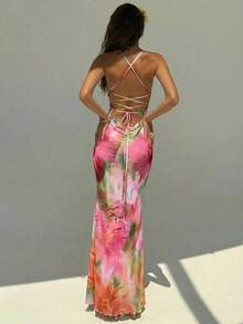Elegant Women's Dress With Floral Print And Open Back, Summer Clothes, Beach Outfits For Women, Beach Vacation Clothes, Party Outfits, Bridesmaids - 杏色 - 查看 2