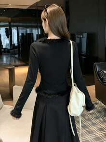 Luxury Premium Black Fuzzy V-Neck Knit Sweater Women's Outerwear Top, Spring/Autumn New Style - Black - View 5