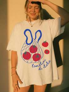 Camiseta de manga corta con estampado de malla de tomate italiano, prenda holgada e informal, camisa de estilo pastoril retro para el día a día. - Blanco - Ver 1