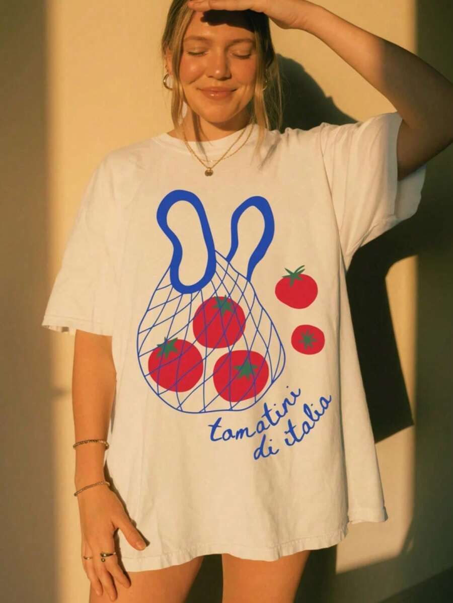 Camiseta de manga corta con estampado de malla de tomate italiano, prenda holgada e informal, camisa de estilo pastoril retro para el día a día. - Blanco - Ver 1