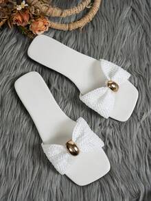 Women's Casual Plus Size Wide Toe Box Flat Sandals With Metal Buckle Decor Square Toe Slip-On Beach Vacation Flat Sandals - White - View 5