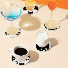 6pcs/Set Round Wooden Coasters, Perfect Cat-Themed Coaster Set, Suitable For Home And Kitchen Decor, Enhance Your Tabletop Style, Suitable For Coffee Table, Dining Room And Living Room Entertainment, Applicable To Various - Multicolor - View 6