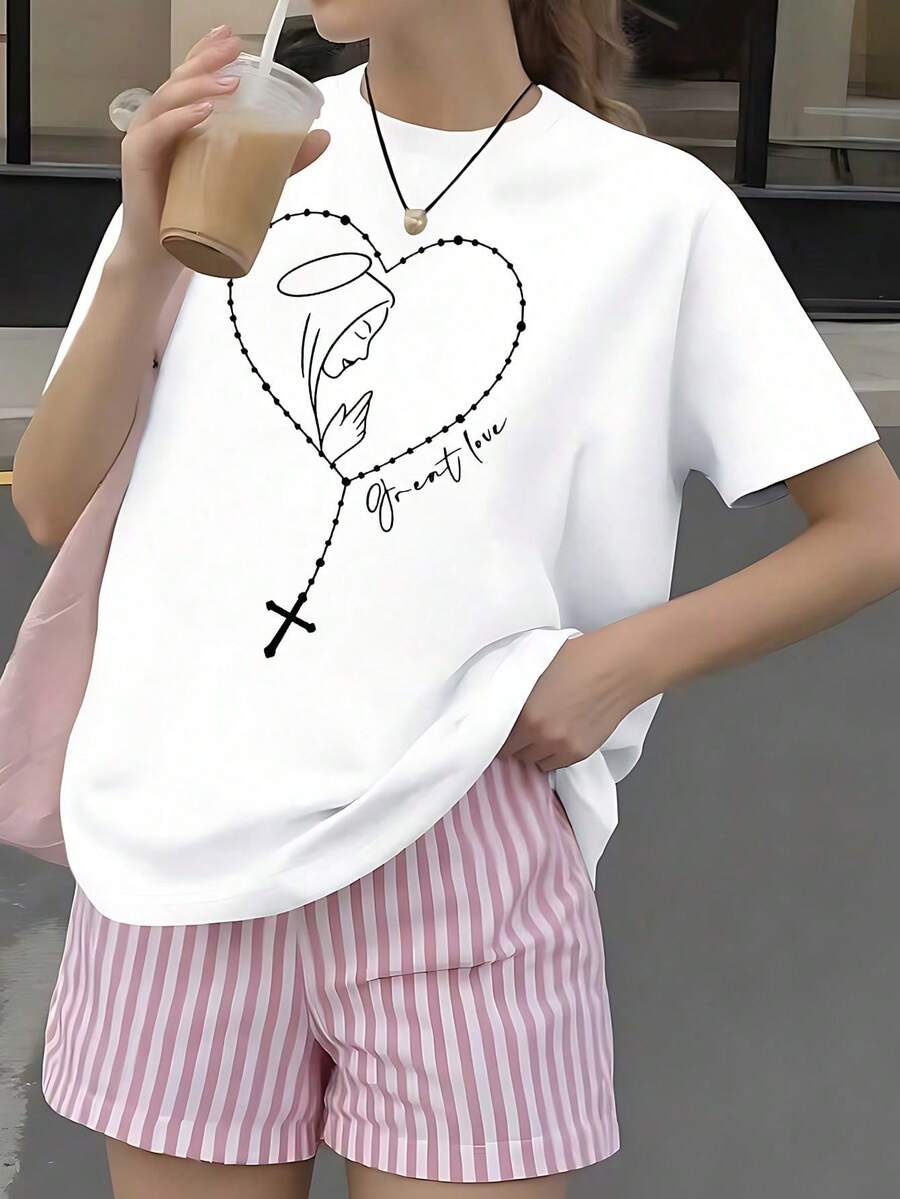 NewSummerCasual Women's White T-Shirt With Graphic Of The Virgin Mary And Heart-Shaped Rosary With Cross, Aesthetic Religious Style Short Sleeve T-Shirt, "Great Love" Faith Top, Blouse C - 白色的 - 查看 1