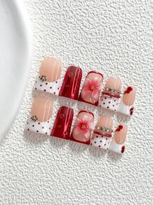 10Pcs Metallic Style Handmade Press On Nail,Polygel Nail Set,Water Droplets, Flowers, Red, White And Pink Nail Polish,Gentle And Refined Style,Includes Nail Tools,3 Sizes Available,Almond Nails , Duck Nails,Coffin Nails For Party, Dance, Daily Wear. - 彩色 - 查看 2