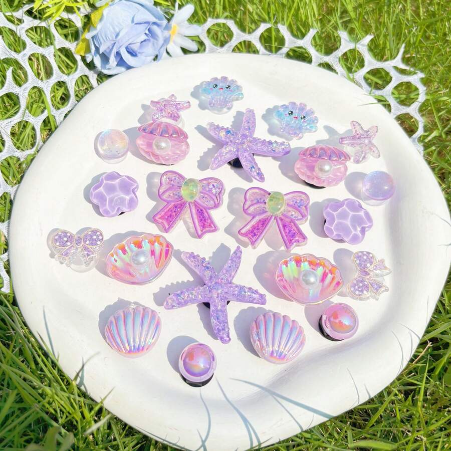22pcs Purple Bow, Starfish, Shell Detachable Shoe Charms, Shoe Buckles, DIY Shoe Accessories, Fashionable And Elegant, Suitable For Perforated Sandals, Slippers, Perfect As Holiday Gift - Purple - View 1
