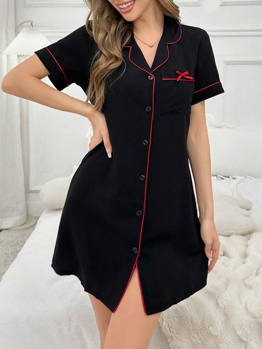 Vestido de dormir/pijama para mujer con cuello vuelto, abotonado, bolsillo parche, decoración de moño y ribete de contraste - Rojo - Ver 1