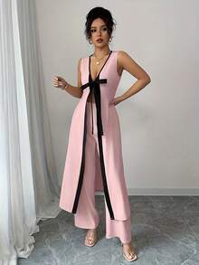 Conjunto de canguro sin mangas con cuello en V y pantalones de pierna ancha, estilo urbano casual y elegante K601, para primavera y verano - Blanco - Ver 9