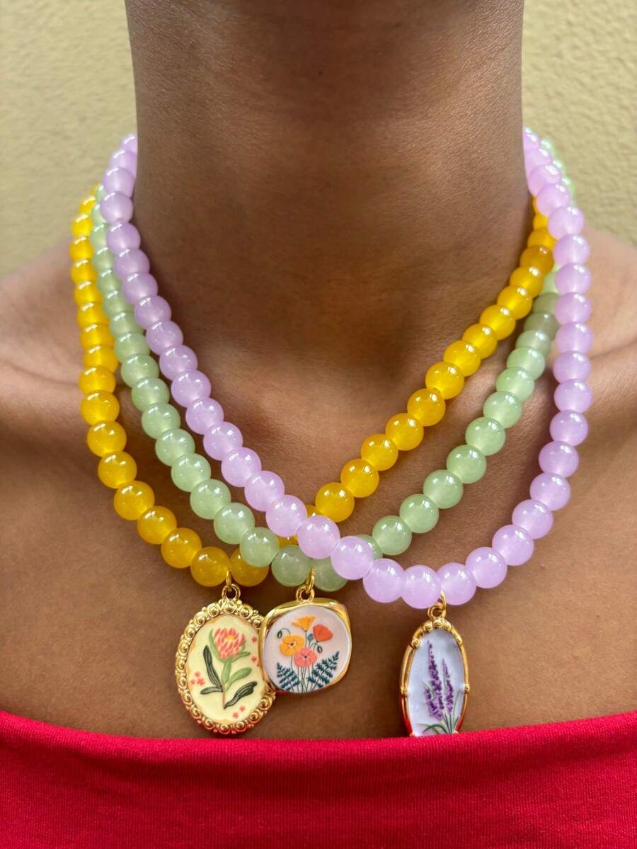 Kalung Manik-Manik Warna-warni Buatan Tangan DIY dengan Liontin Bunga Tetesan Minyak, Aksesoris Perhiasan Stainless Steel - Kalung Manik-manik - View 1