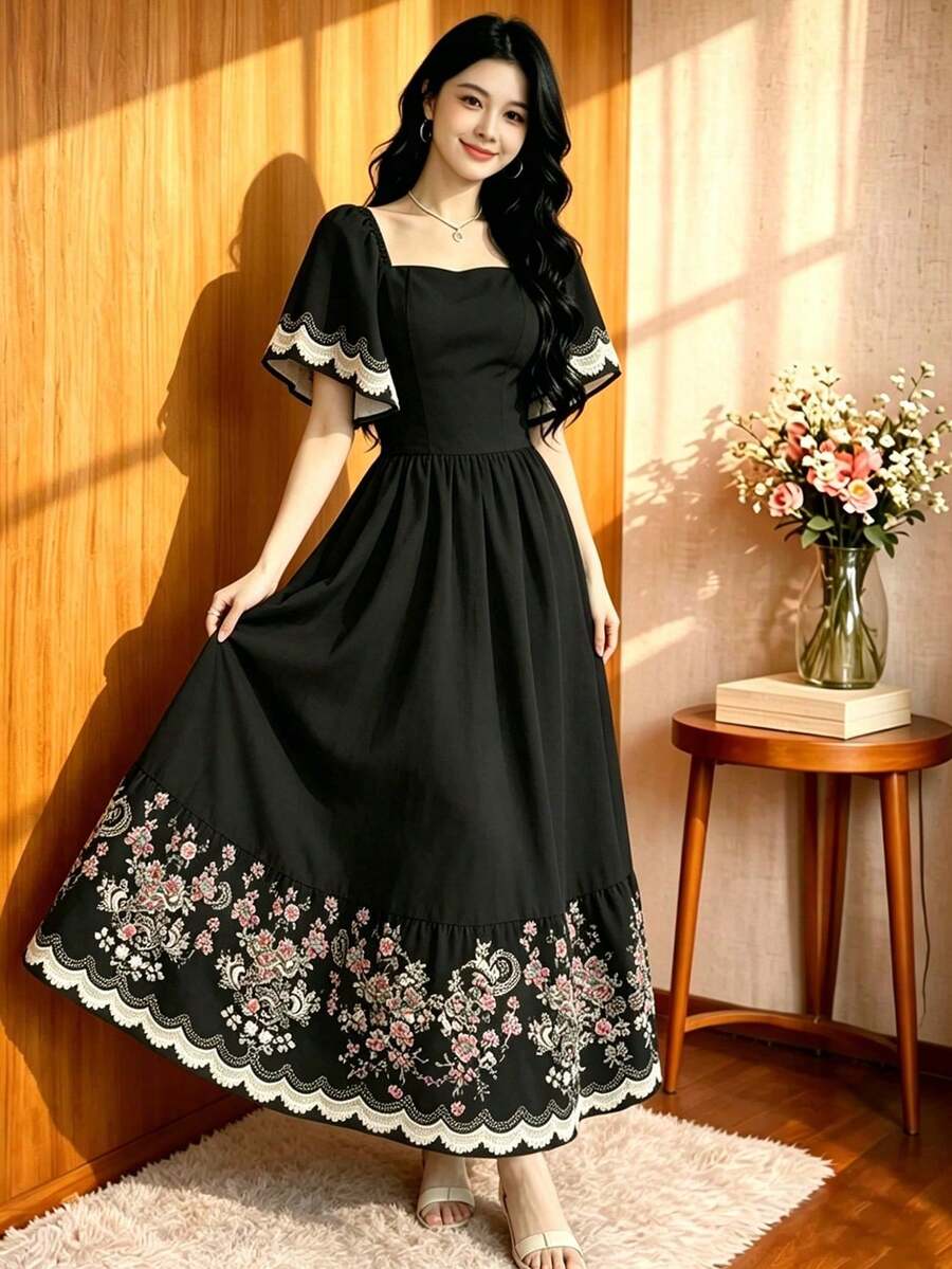 Turtle Leaf, Coconut Tree, Scattered Leaf And Small Flower Plant Silhouette, Square Neck And Short Sleeve Dress With Ruffle Design At The Hem, Summer Vacation Style - Multicolor 14 - View 1