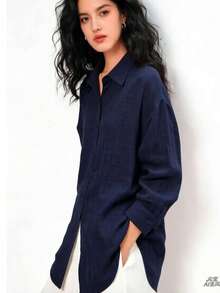 Women's Long-Sleeved Linen Shirt - Navy Blue 2 - View 1