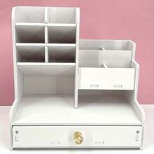 1pc Desktop DIY Pen Holder Storage Box, Multi-Functional Office Supplies Stationery Box, Large Capacity Student Wood-Plastic Pen Rack Organizer - White - View 8