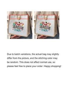 Best Teacher Floral Letter Print Linen Tote Bag, Teacher's Day Gift, Reusable Printed Tote Bag, Casual Commuter Tote Bag - Multicolor - View 11