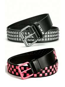 2pcs Unisex Punk Style Metal Rivet Belt, Casual Everyday Wear Adjustable Belt For Jeans - Black + Pink - View 1