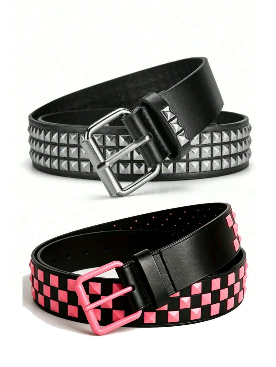 2pcs Unisex Punk Style Metal Rivet Belt, Casual Everyday Wear Adjustable Belt For Jeans - Black + Pink - View 1