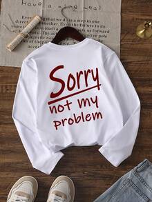 1pc Tween Girls Long Sleeve T-Shirt, White Minimalist Casual Loose Fit, Back Printed "Sorry Not My Problem" Handwritten Red Letter Slogan - White - View 2