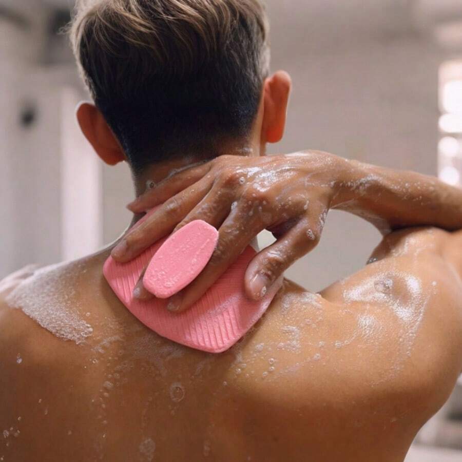 Pink Silicone Body Scrubber With Ergonomic No-Slip Handle – Exfoliating & Massaging Shower Tool For Smooth Skin, Easy To Hang & Use - A - View 1