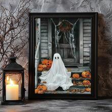 1 pieza Arte de pared en lienzo, decoración de pared enmarcada, fantasma blanco vintage sentado en un porche de madera con linterna de calabaza, hojas de arce y telaraña, póster popular de atmósfera de terror pastoral de otoño de Halloween, pintura decorativa colgante vintage sin marco, adecuada para decoración del hogar moderno, decoración de habitación, decoración de dormitorio, decoración de sala de estar, decoración de baño, decoración de cocina - Fantasma de calabaza - Ver 8