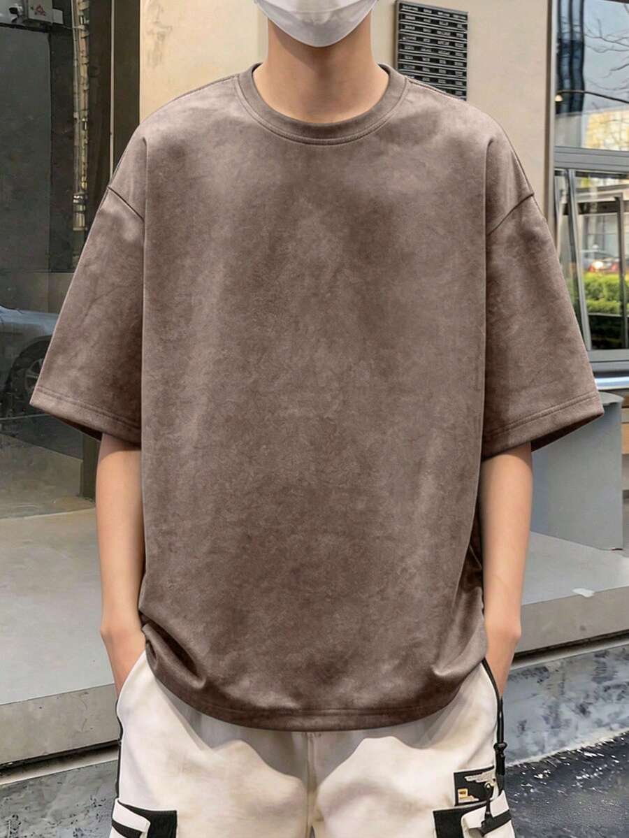 1 件青少年男孩休闲户外运动简约绒面革 T 恤,夏季 - 棕色 - 查看 1