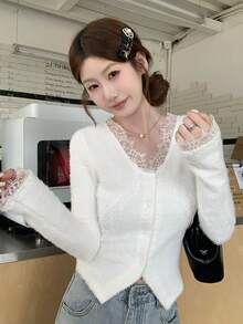 Soft Feminine Lace Patchwork V-Neck Knit Cardigan Women's Autumn/Winter Soft Fluffy Slimming Top - White - View 5