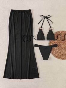 2026 Summer New Women's Fashion Sexy Black Spaghetti Strap Bikini Set With Skirt, Suitable For Beach Vacation - Black - View 3