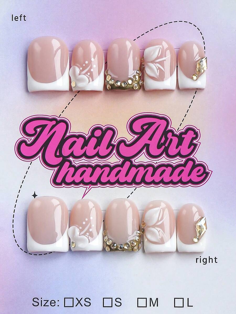 10pcs Handmade Square Shaped False Nails, Nude And White Y2K French Style, Hand-Painted Leaf 3D Flower And Gold Chain Design, Suitable For Party, Wedding, Daily Wear, Comes With Tool Set, Perfect Gift For Women And Girls Handmade Press On Nails - White - View 1