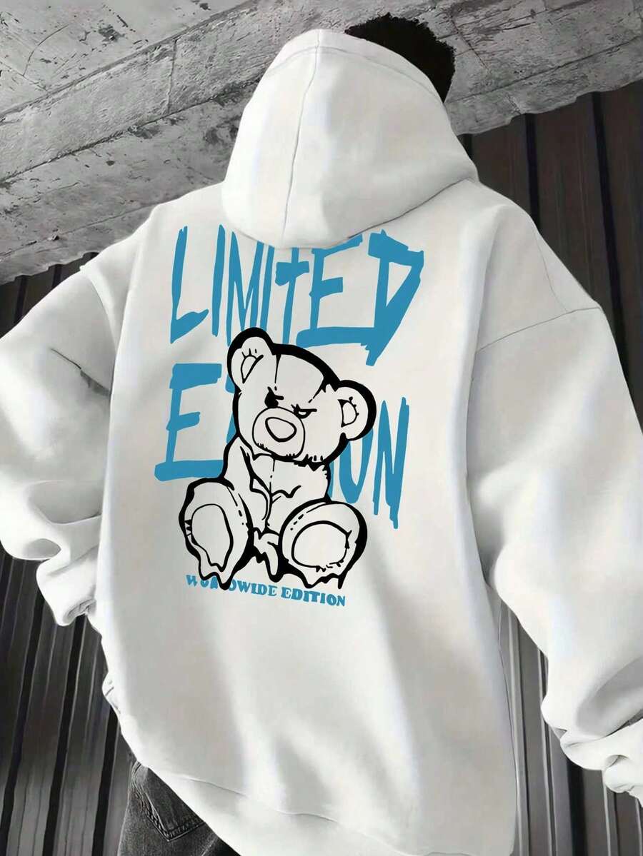 Sudadera casual y versátil para hombre con estampado de letra, oso de dibujos animados y bolsillo canguro, cordón, para otoño/invierno - Blanco - Ver 1