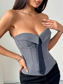 Modern Plain Tray Top With Bow, Girl Style For European Street Looks - Grey - View 9