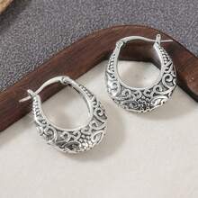 1 paire de boucles d'oreilles anneaux texturées vintage à la mode, grandes boucles d'oreilles rondes, convient pour le port quotidien décontracté, cadeau surprise parfait pour elle - Argent ancien - Voir 4