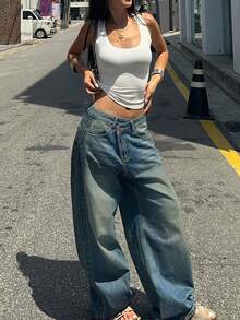 Vintage Washed Blue Denim Jeans For Women, Asymmetrical Button Layered Criss-Cross Waist Design, Loose Wide Leg Straight Floor-Length Denim Pants, Suitable For Autumn Holidays - Blue - View 5