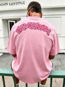 Geripptes, farblich abgesetztes Herren-T-Shirt aus 100% Baumwolle mit markantem Schneeflocken-Stil-Schriftzug-Muster und Taschendesign - Hellrosa - Übersicht 3