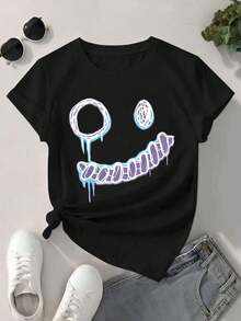 Camiseta de mujer con estampado de cara sonriente, 100% algodón, informal, cómoda, resistente, dise?o gráfico. - Negro - Ver 2
