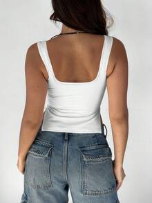 Solid Color Square Neck Cami Tank Top, Women's Ruched Front Sleeveless Slim Fit Cropped Top, Versatile Fashion Tank White - White - View 5