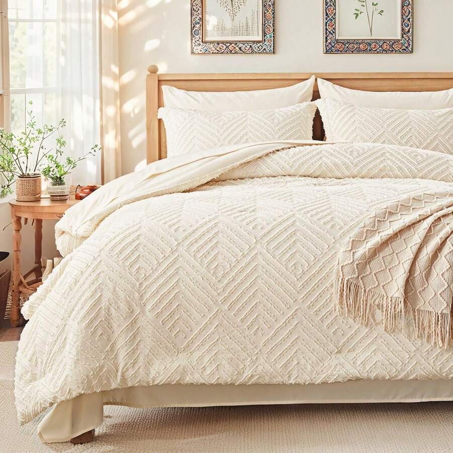 Zzlpp - 7 Piece Complete Duvet Set, Cream Tufted Bed In A Bag With Duvet And Sheets, All Season Boho Bedding Set With 1 Duvet, 2 Decorative Pillowcases, 2 - 03 - 奶油 - 查看 1