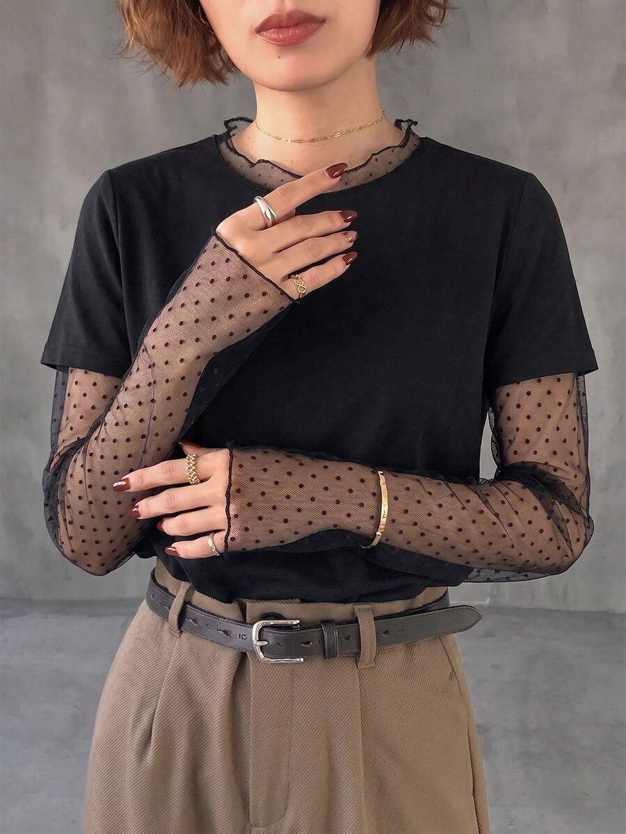 FLEXCHIC New Fashionable Elegant Solid Color Casual Versatile Ruched Waist T-Shirt, Suitable For Daily Wear, School, Beach, Vacation And Home Black - Black - View 1