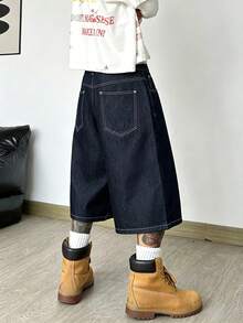 1pc Justice Brother Korean Streetwear Graphic Print Black Denim Casual Loose Fit Shorts, Mid-Length (Belt And Accessories Not Included) - Black - View 6