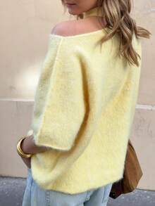 Women's Autumn Fashion Minimalist Elegant Off-Shoulder Soft Comfortable Slimming Cream Yellow Mid-Short Sleeve Sweater - Yellow - View 4
