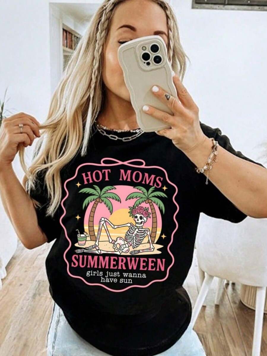Sexy Summer Mom Halloween T-Shirts, Sexy Summer Ghost T-Shirts, Summer Skull Themed T-Shirts, Horror Movie T-Shirts For Parties. - 黑色 - 查看 1