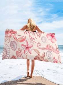 1pc Pink Ocean Creature & Floral Print Beach Towel, Modern Style Fiber Rectangular Travel Home Beach Towel, Suitable For Swimming, Diving, Summer - Multicolor - View 2
