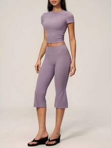 TimeOff Women's One Set Solid Color Round Neck Cropped Waist Short Sleeve Flared Mid-Length Pants Sports Set - Mauve Purple - View 8