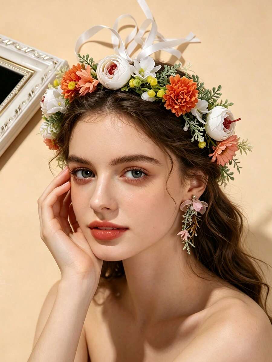 3件/1套 1件花環 + 1對耳環,森系人造花葉新娘婚禮季節波希米亞風美學花環與耳環套裝 - 花環 +耳環 - 查看 1